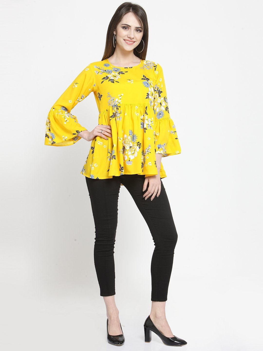 ZARVEY Casual Bell Sleeve Printed Women White, Grey, Yellow Top