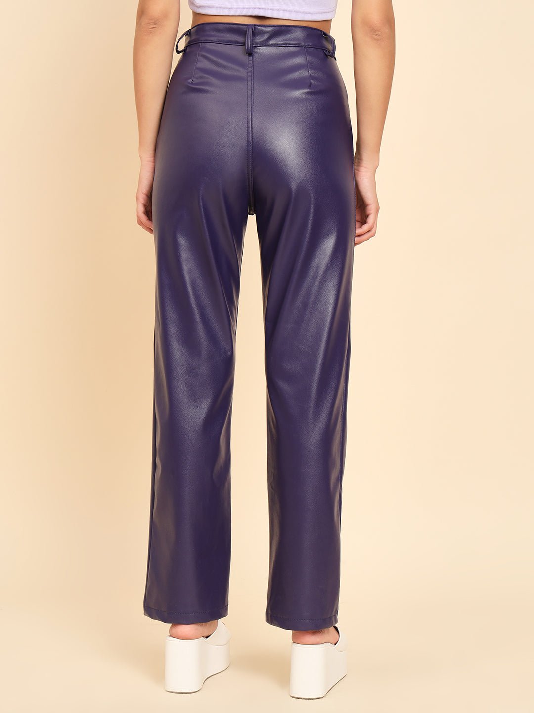 Stacked Flame Women Regular Fit Blue Faux Leather Trousers