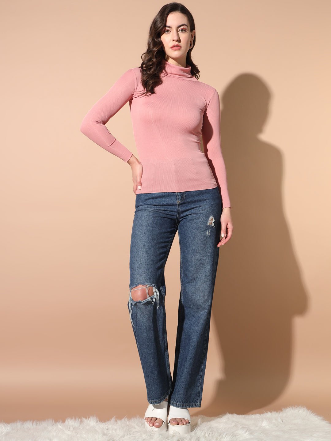 TANDUL Women Solid High Neck Pink Sweater