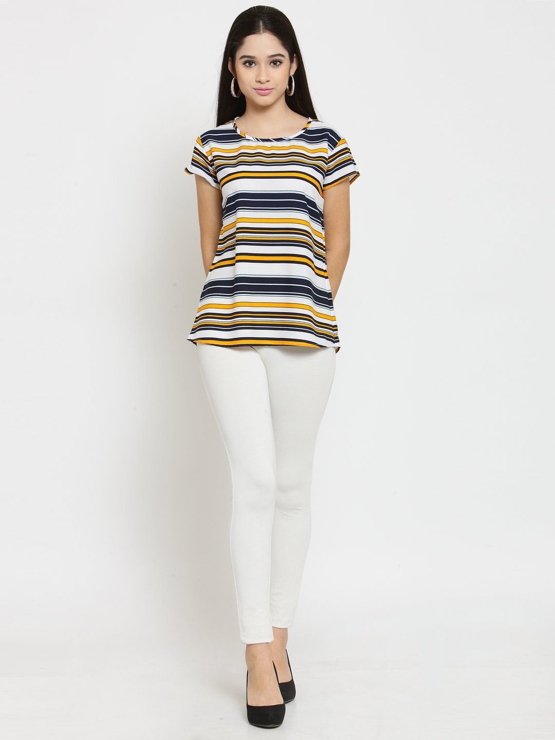 ZARVEY Casual Short Sleeve Striped Women Multicolor Top