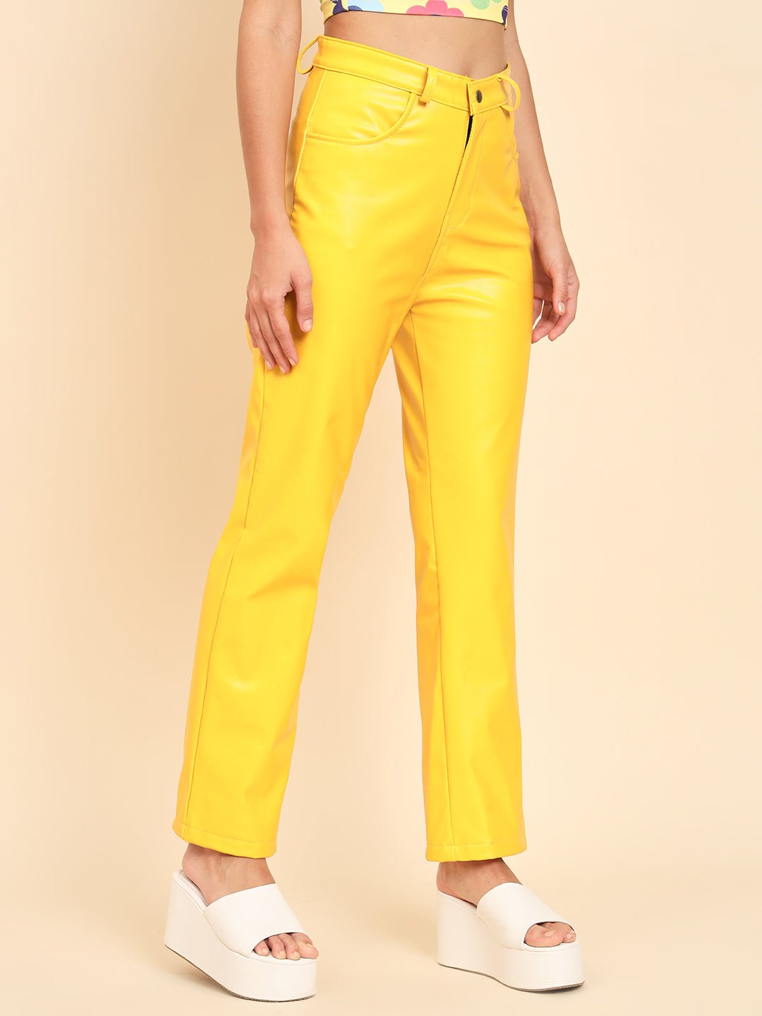 Stacked Flame Women Regular Fit Yellow Faux Leather Trousers