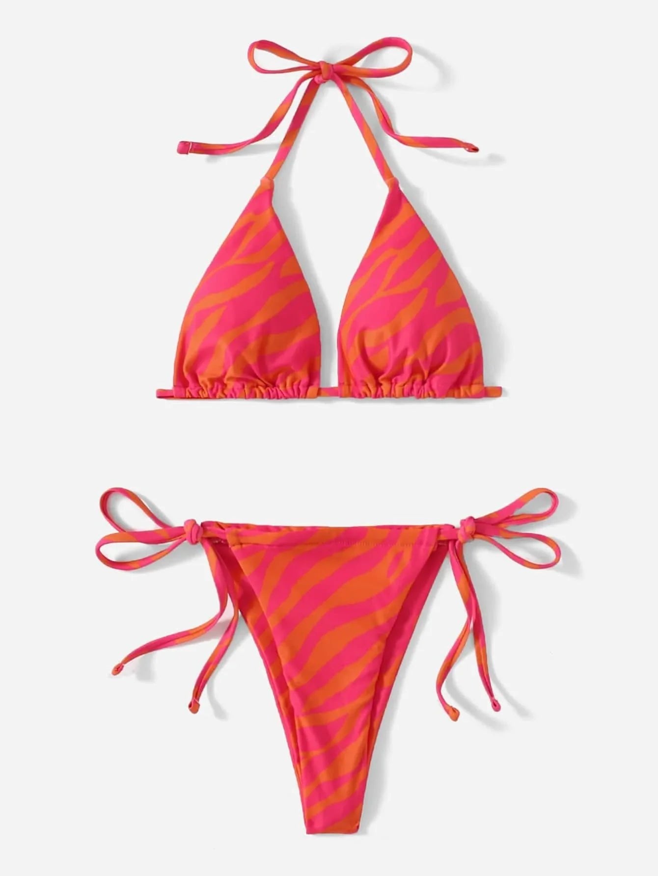 ELTIRE  Pink  Zebra Striped Pattern Thong Bikini