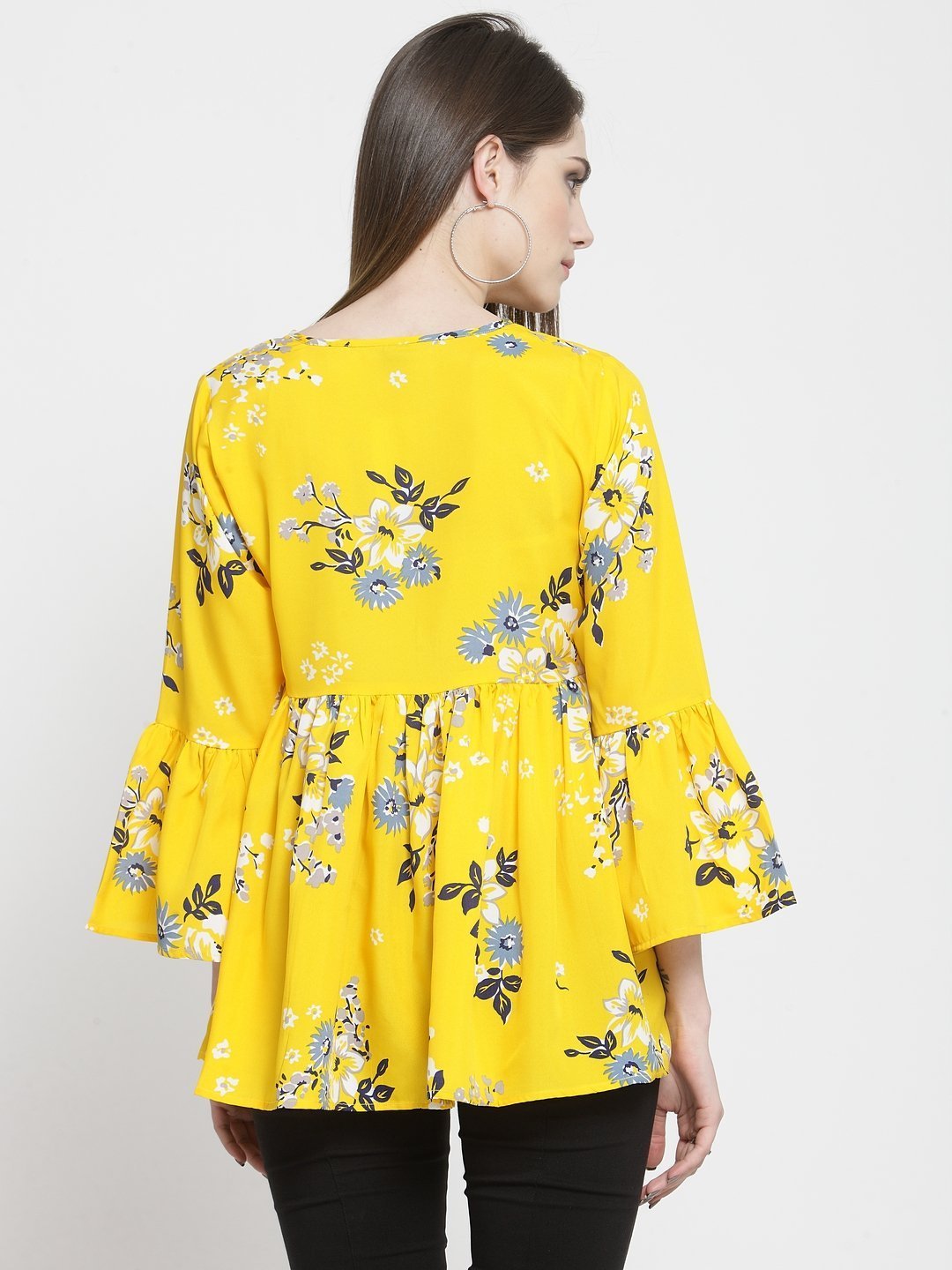 ZARVEY Casual Bell Sleeve Printed Women White, Grey, Yellow Top
