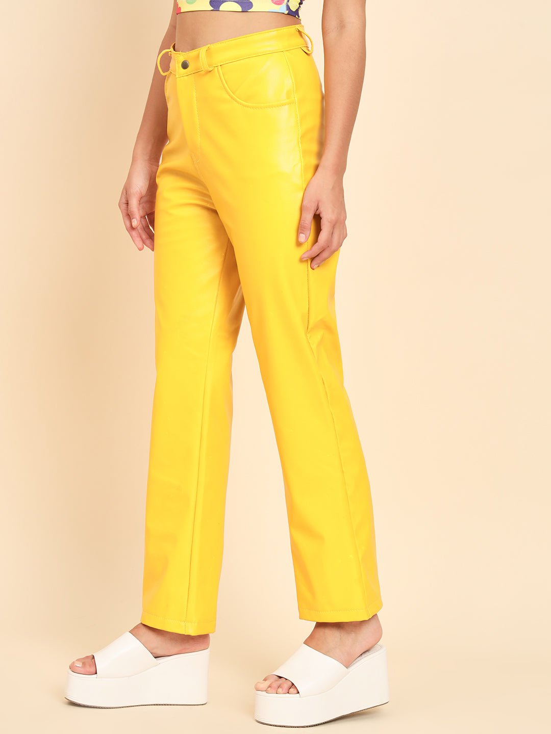 Stacked Flame Women Regular Fit Yellow Faux Leather Trousers