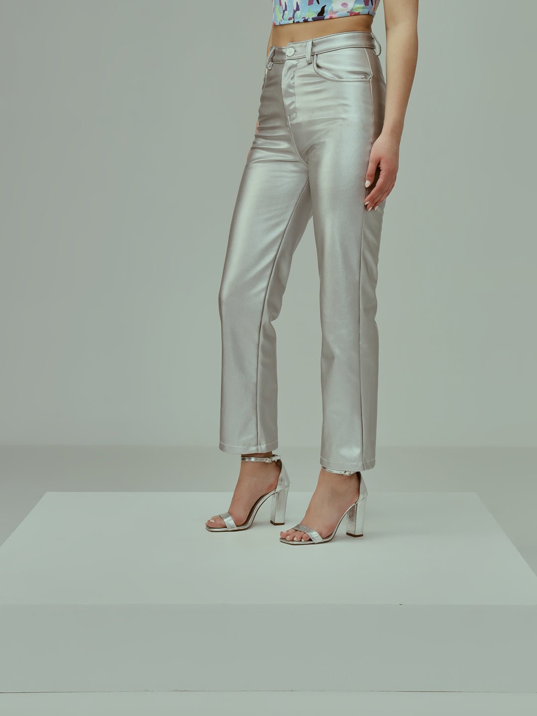 Stacked Flame Women Regular Fit Silver Faux Leather Trousers