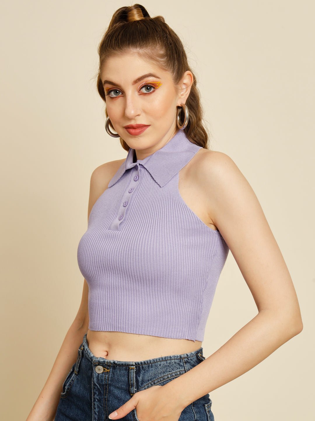 Stacked Flame Casual Regular Sleeves Solid Women Purple Top