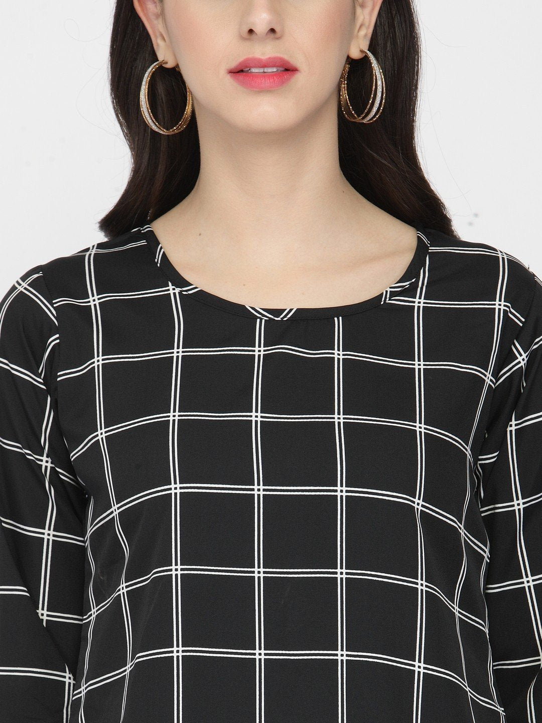 ZARVEY Casual Regular Sleeve Printed, Checkered Women Black Top