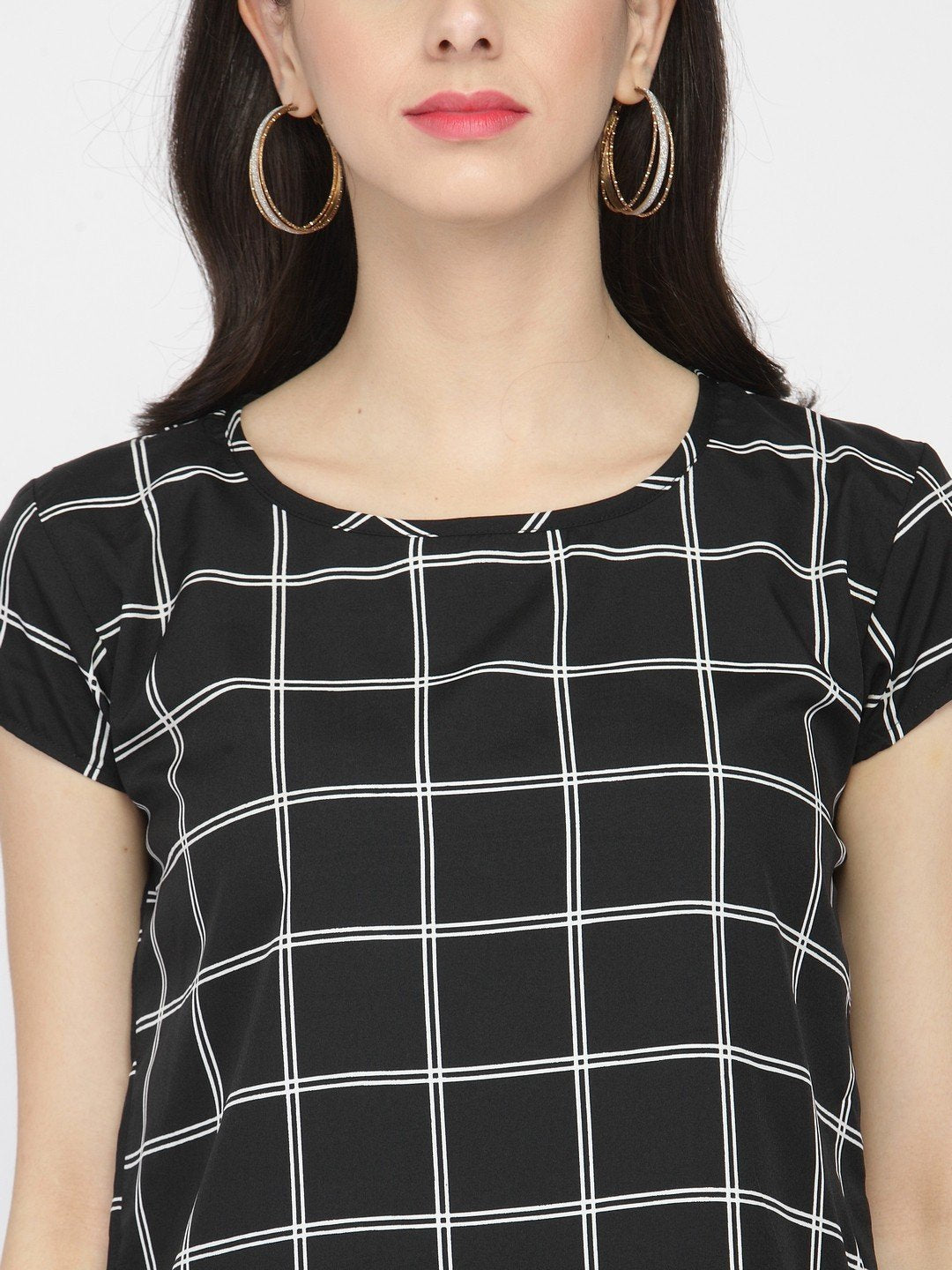ZARVEY Casual Regular Sleeve Checkered Women Black Top