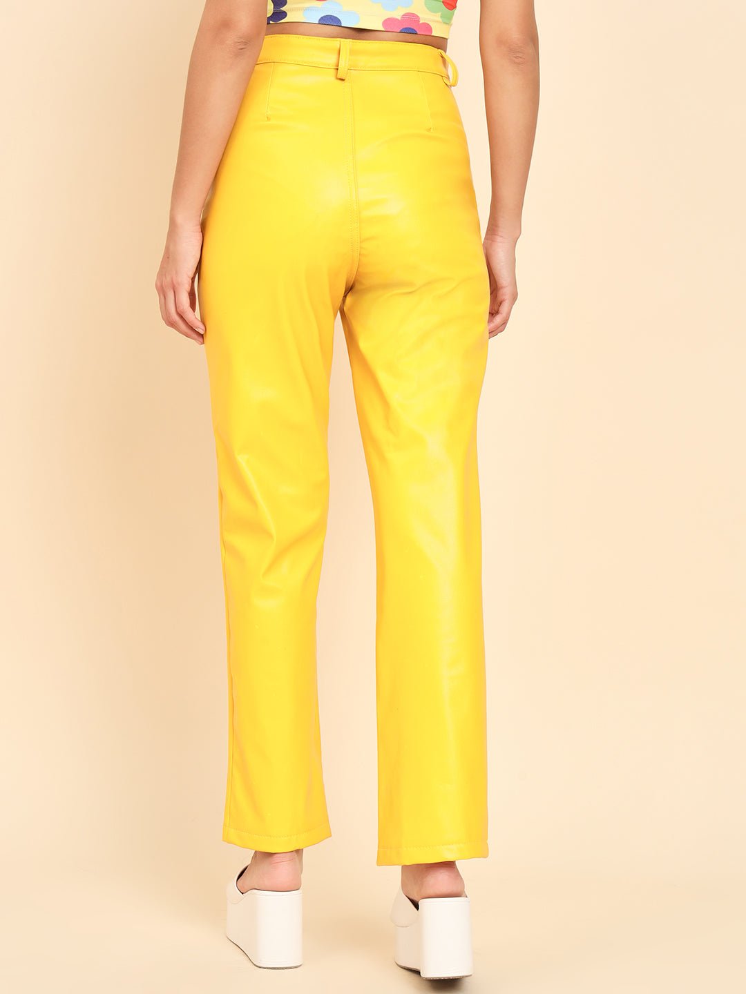 Stacked Flame Women Regular Fit Yellow Faux Leather Trousers