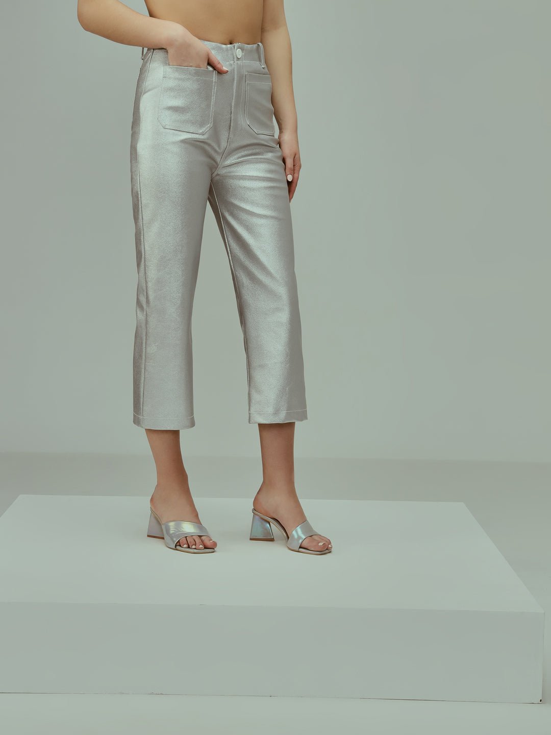 TANDUL Women Regular Fit Silver Faux Leather Trousers
