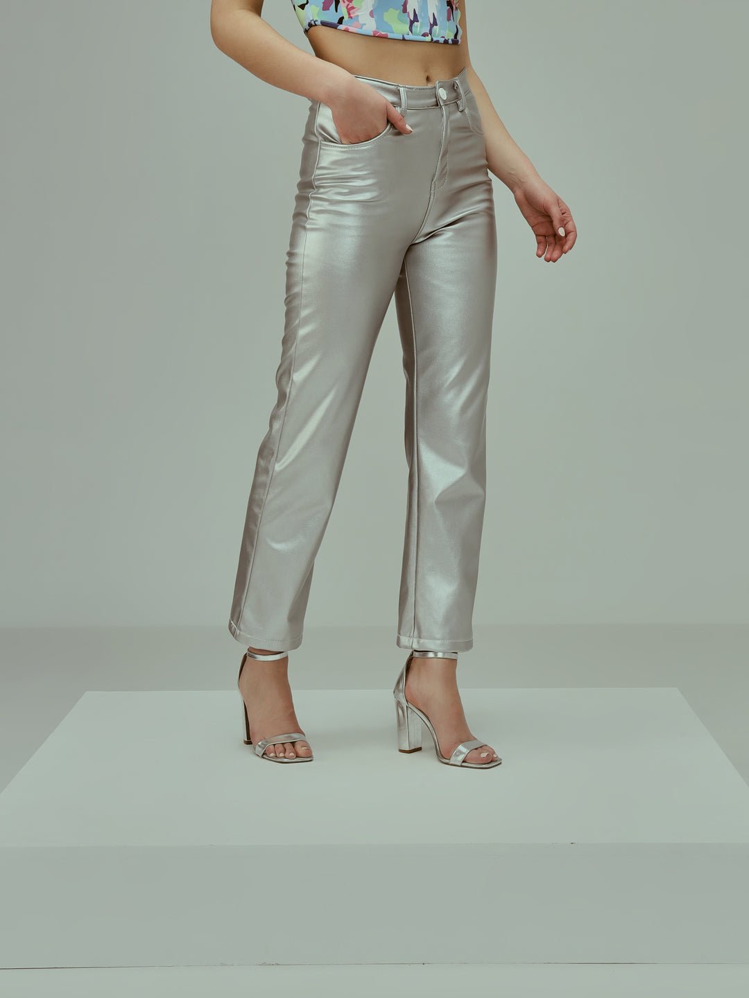 Stacked Flame Women Regular Fit Silver Faux Leather Trousers