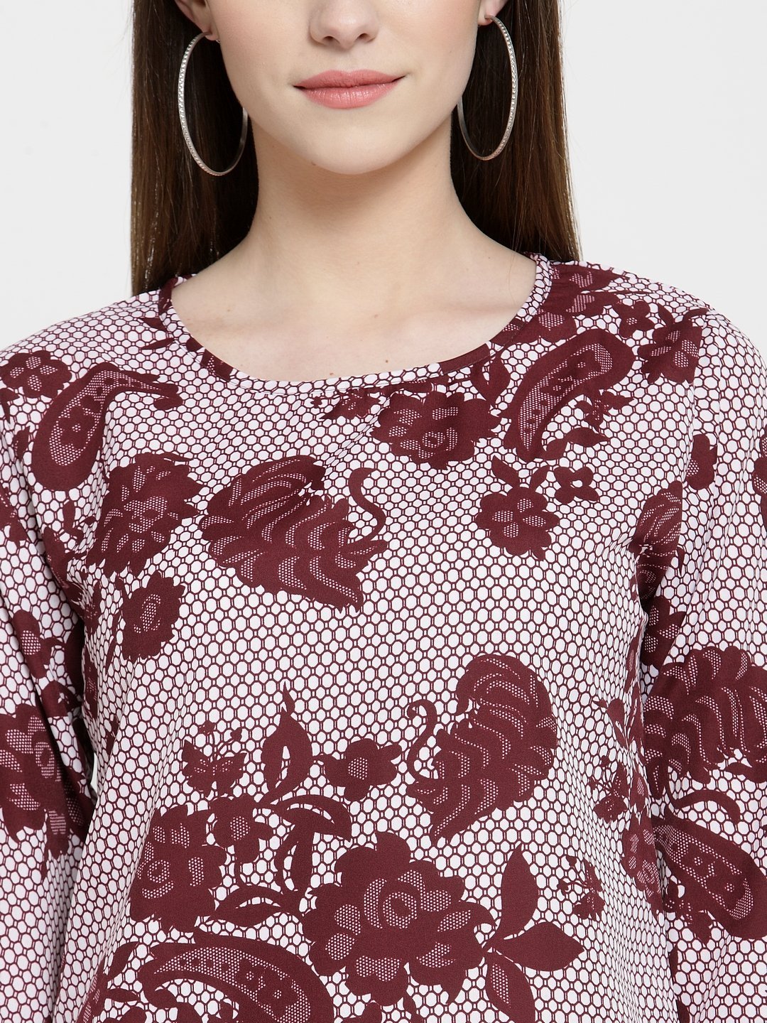 ZARVEY Casual Bell Sleeve Printed Women White, Maroon Top
