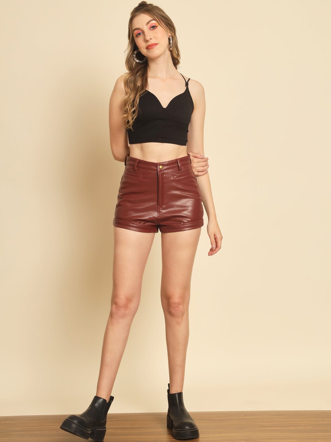 Stacked Flame Solid Women Maroon High Waist Shorts