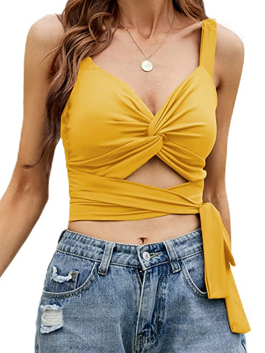 Stacked Flame Casual Sleeveless Solid Women Yellow Top