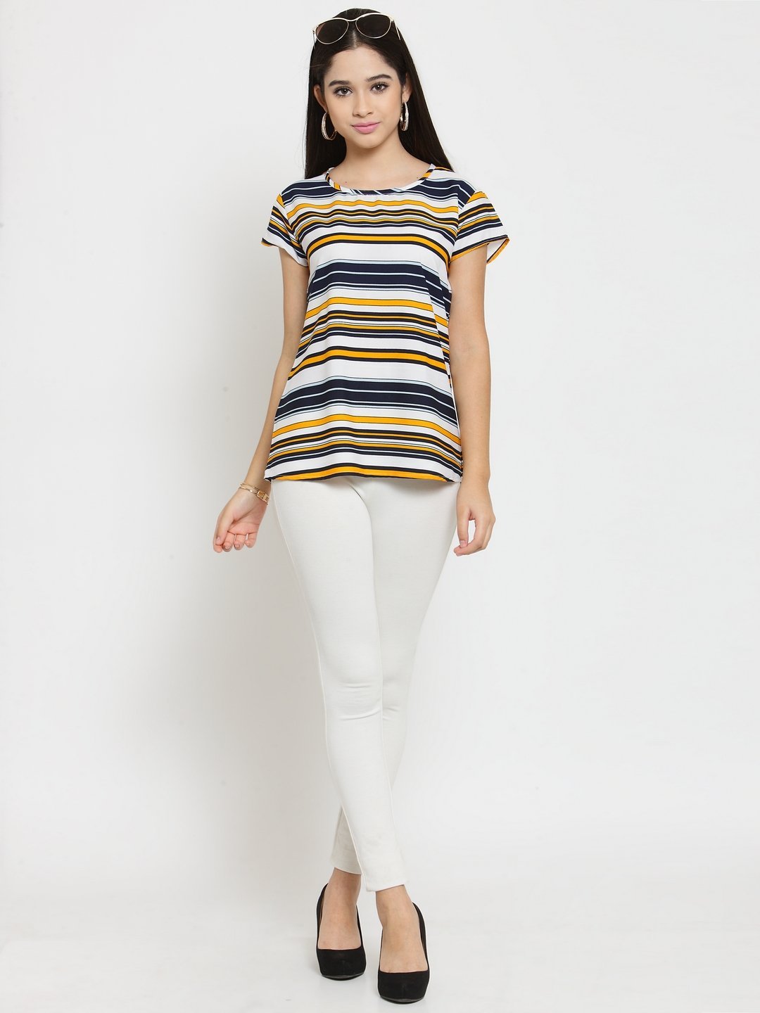 ZARVEY Casual Short Sleeve Striped Women Multicolor Top