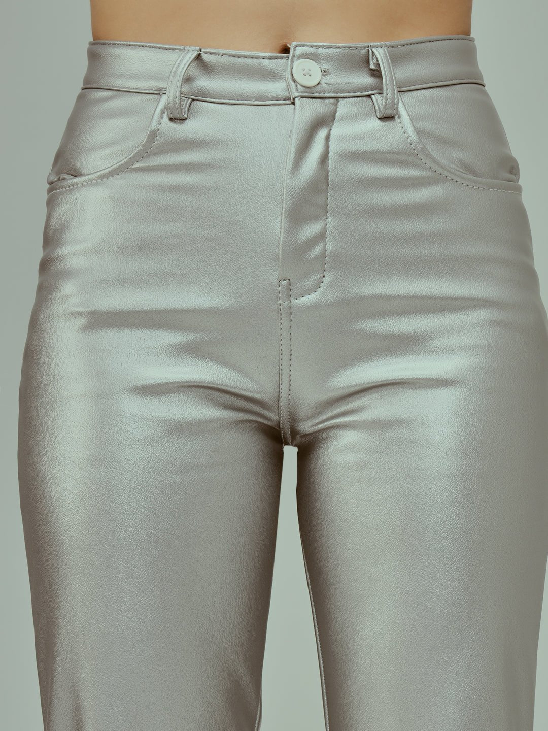 Stacked Flame Women Regular Fit Silver Faux Leather Trousers