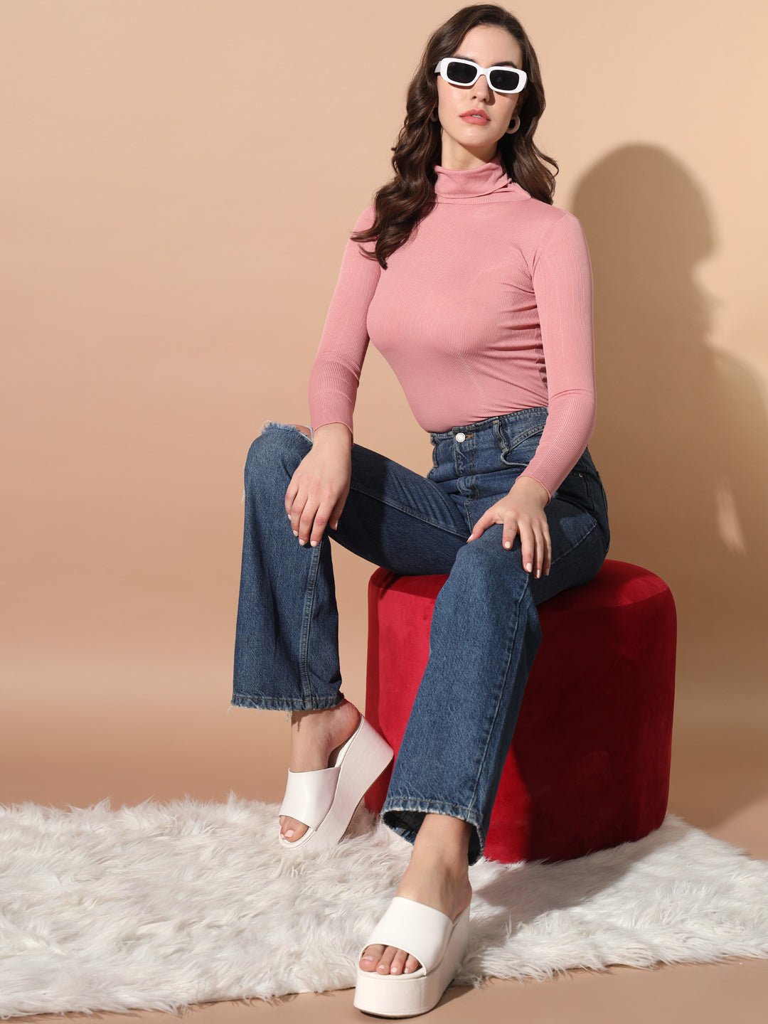 TANDUL Women Solid High Neck Pink Sweater