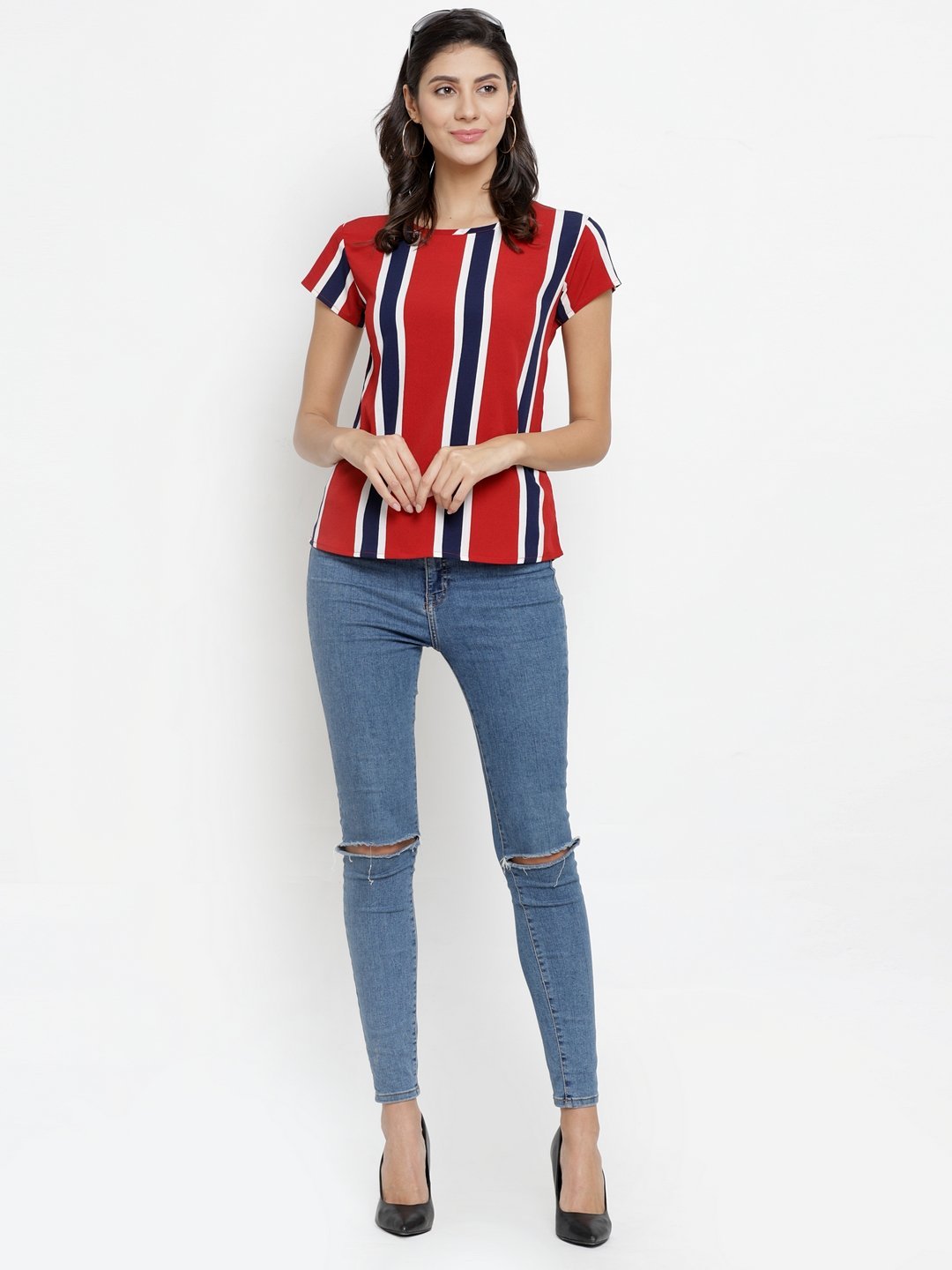 ZARVEY Casual Short Sleeve Striped Women Multicolor Top