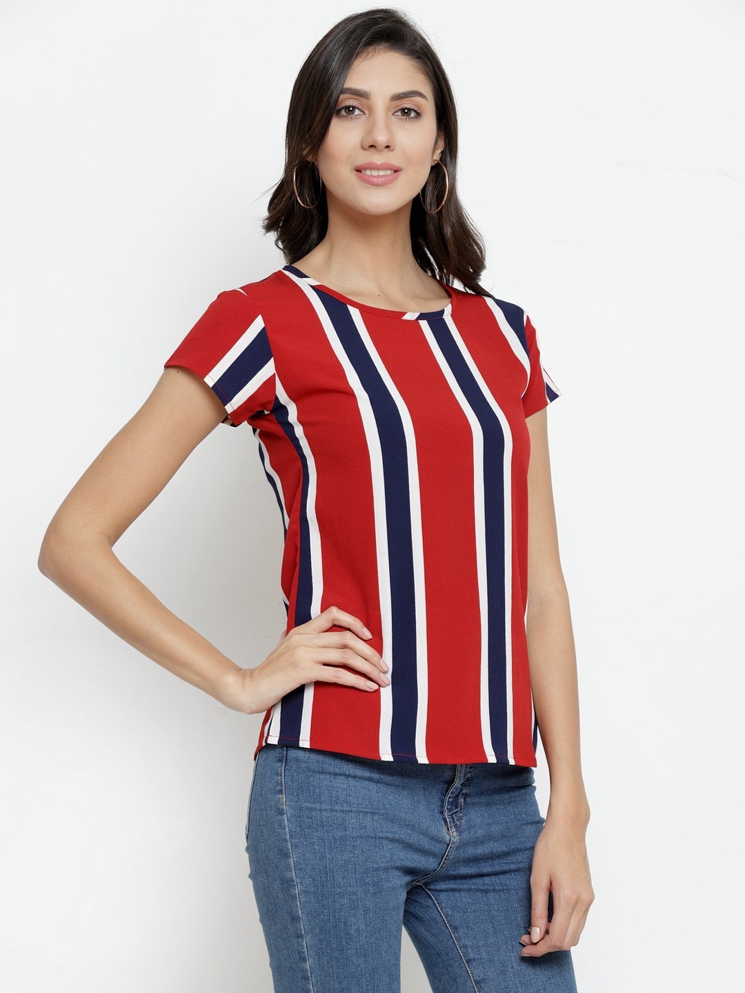 ZARVEY Casual Short Sleeve Striped Women Multicolor Top