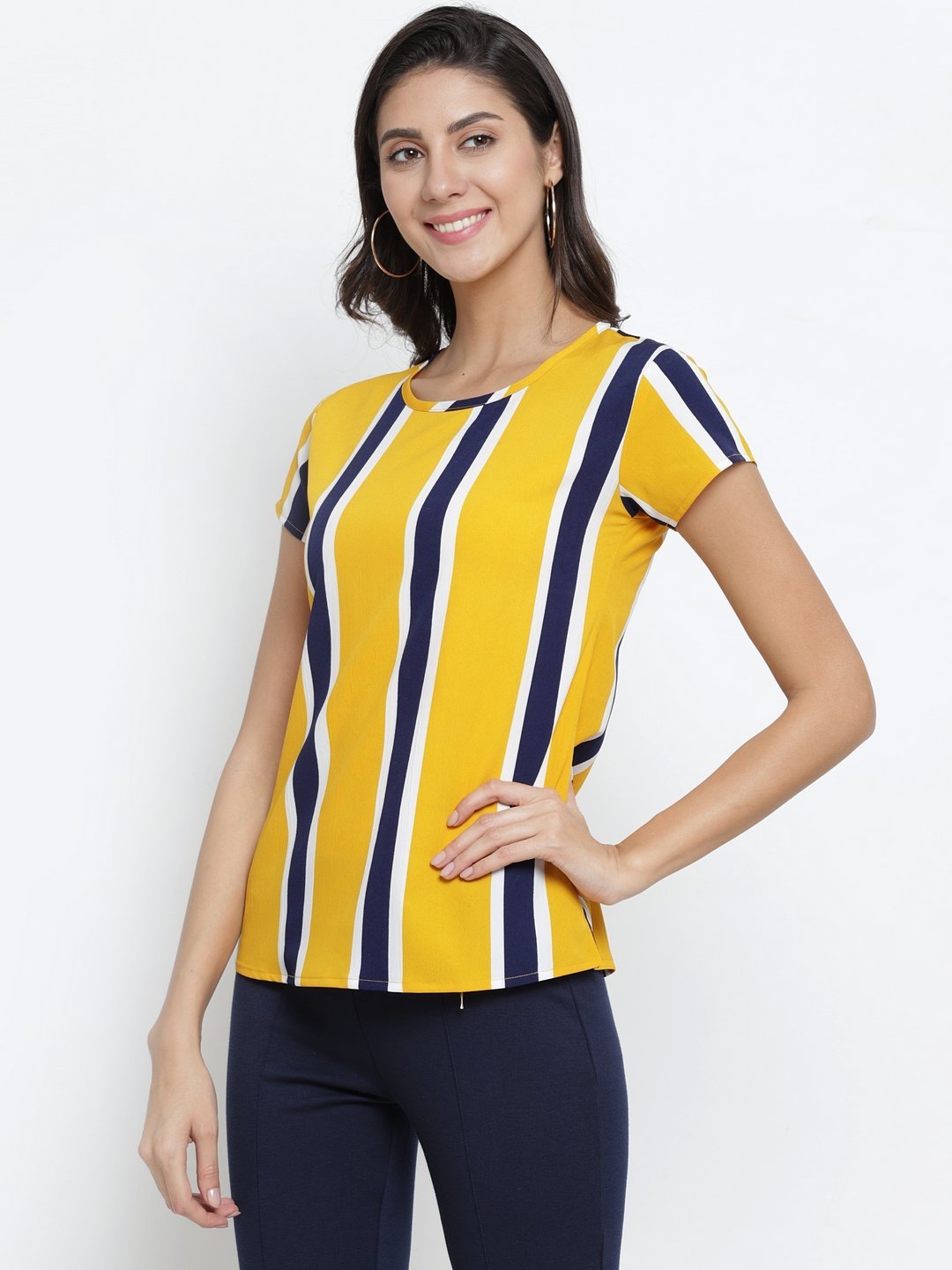 ZARVEY Casual Short Sleeve Striped Women Multicolor Top