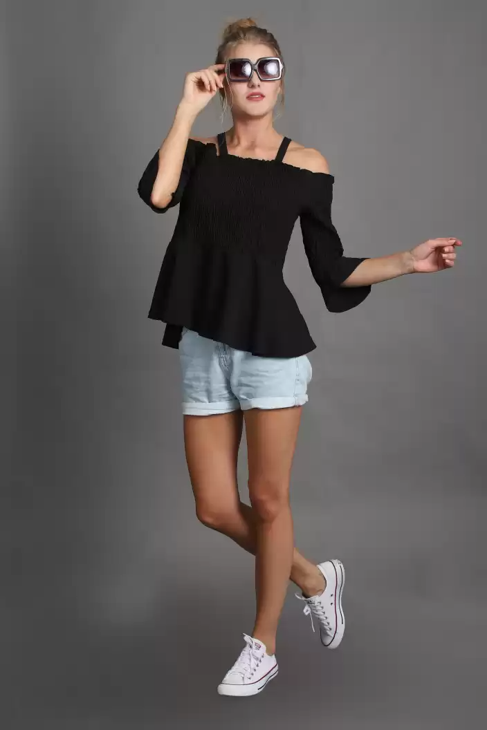 TANDUL  Casual Regular Sleeves Solid Women Black Top