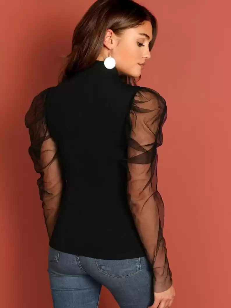 TANDUL  Casual Puff Sleeves Solid Women Black Top