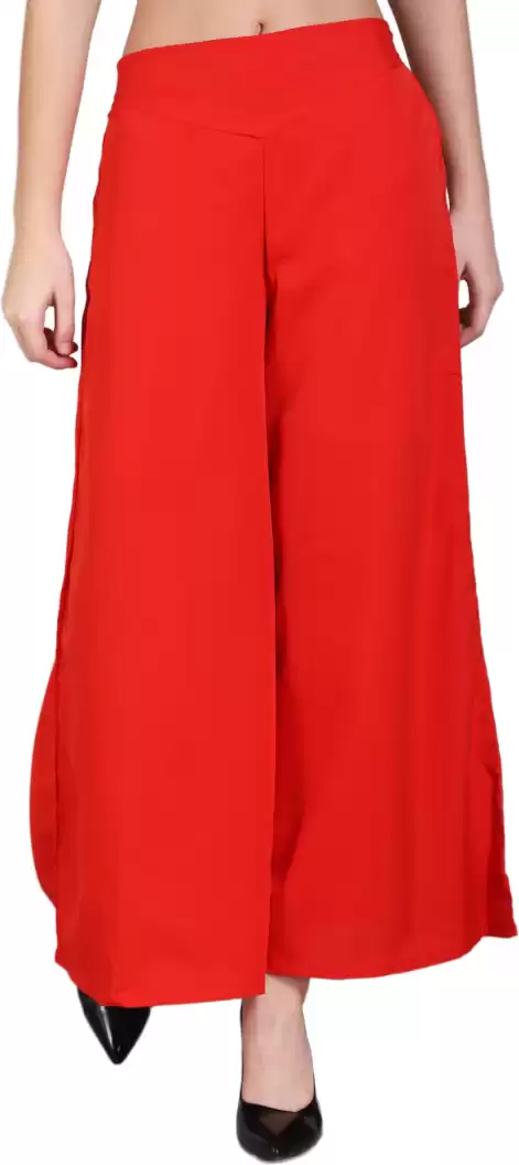 Stacked Flame Flared Women Red Crepe Trousers