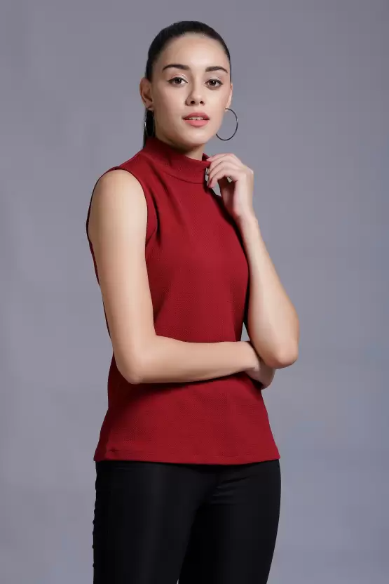 Casual Sleeveless Solid Women Maroon Top