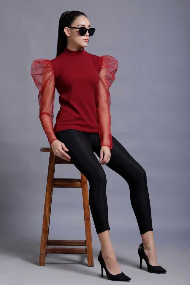 TANDUL  Casual Puff Sleeves Solid Women Maroon Top