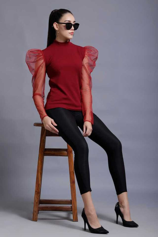TANDUL  Casual Puff Sleeves Solid Women Maroon Top
