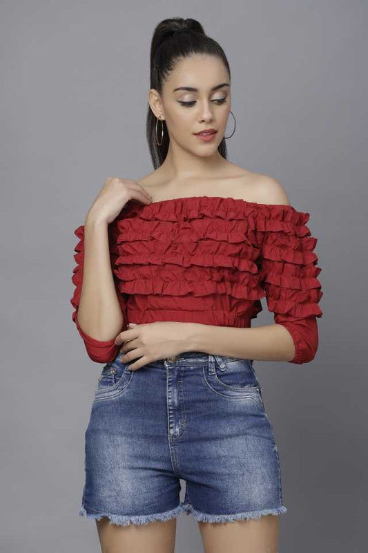 Casual Regular Sleeves Solid Women Maroon Top