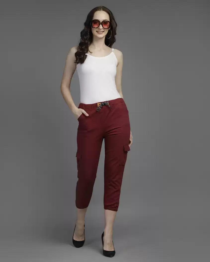 Stacked flame Regular Fit Women Maroon Pure Cotton Trousers