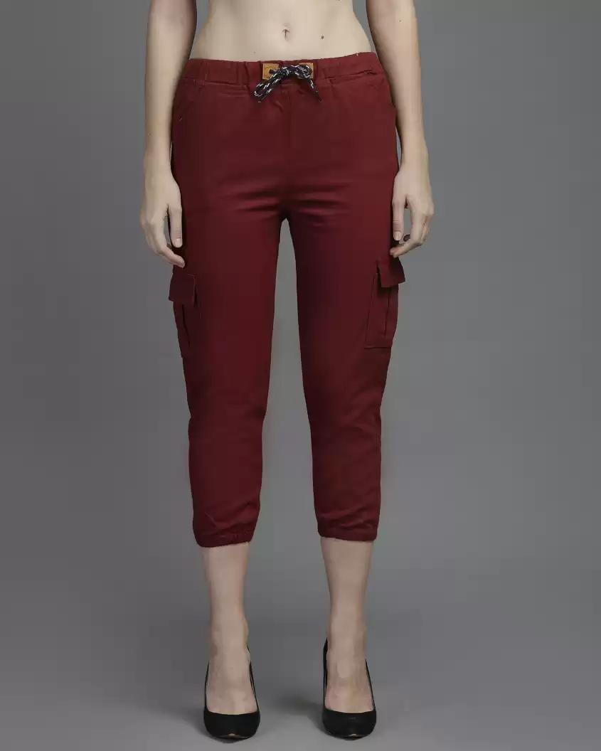 Stacked flame Regular Fit Women Maroon Pure Cotton Trousers