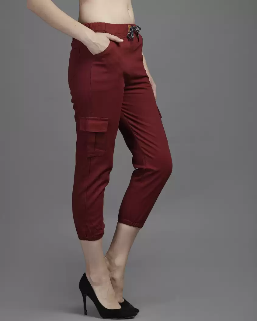 Stacked flame Regular Fit Women Maroon Pure Cotton Trousers