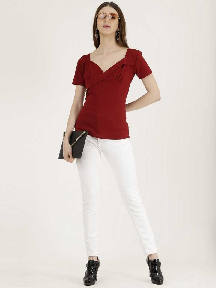 TANDUL  Casual Regular Sleeves Solid Women Maroon Top
