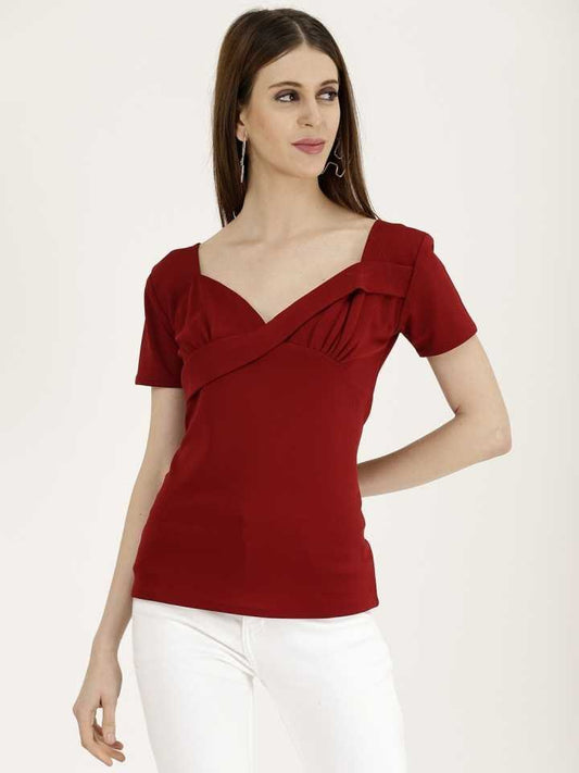 TANDUL  Casual Regular Sleeves Solid Women Maroon Top