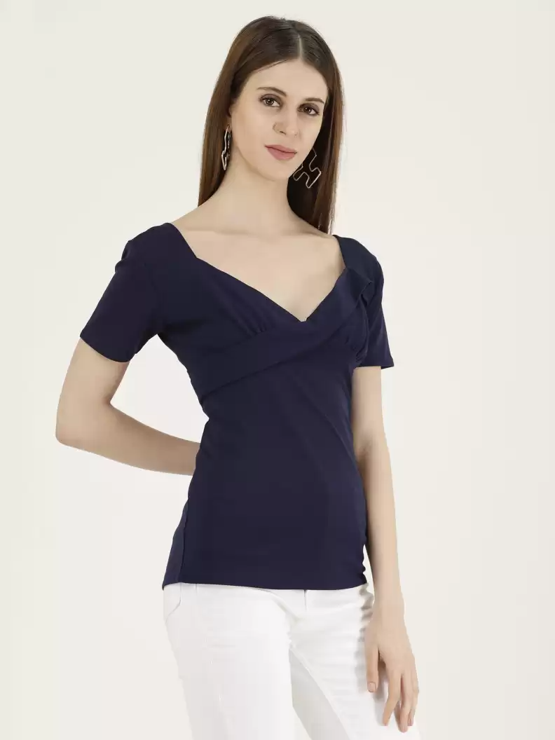 TANDUL  Casual Dolman Sleeve Solid Women Dark Blue Top