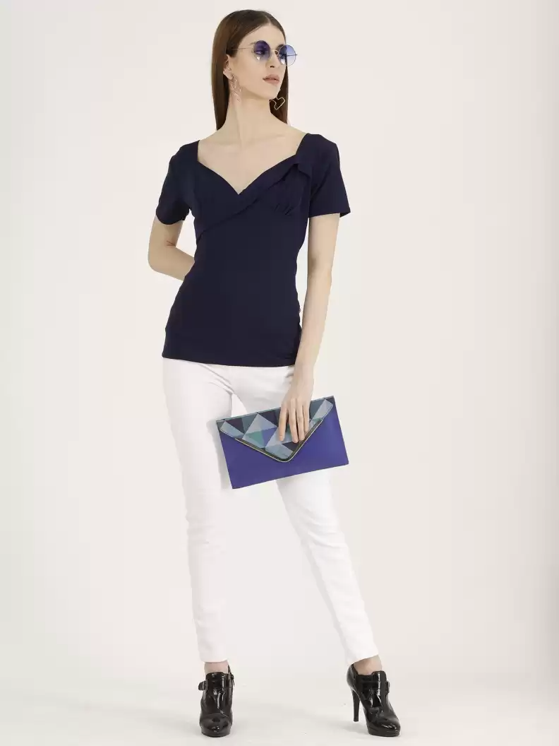 TANDUL  Casual Dolman Sleeve Solid Women Dark Blue Top