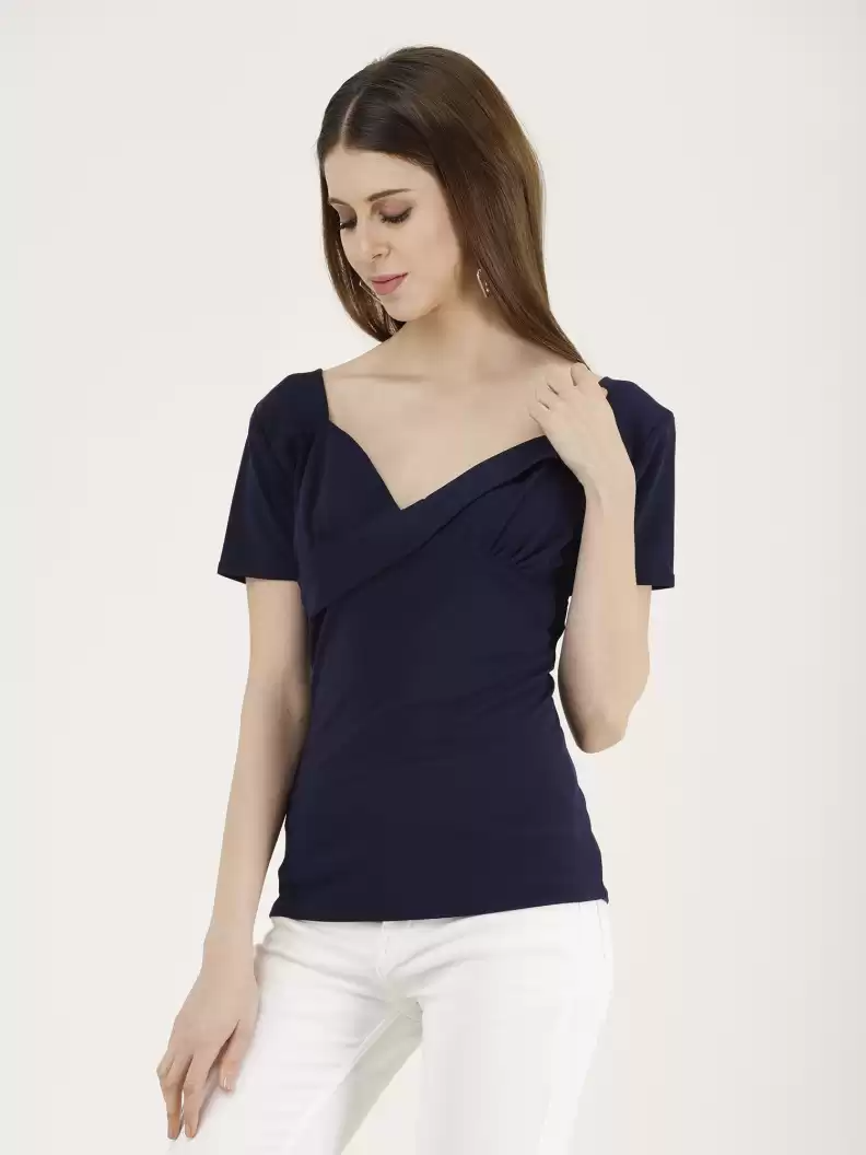 TANDUL  Casual Dolman Sleeve Solid Women Dark Blue Top