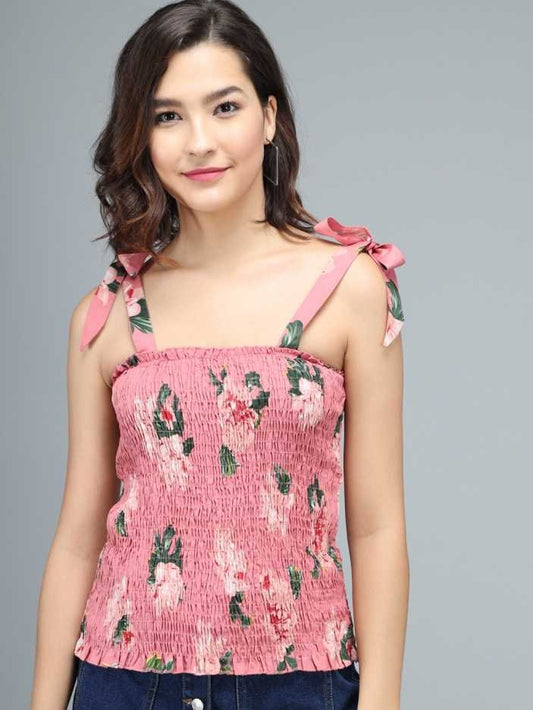 Casual Shoulder Straps Floral Print Women Pink Top