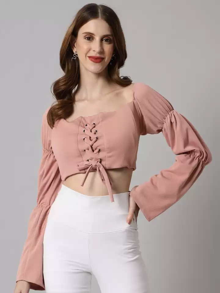 TANDUL  Casual Flared Sleeves Solid Women Pink Top