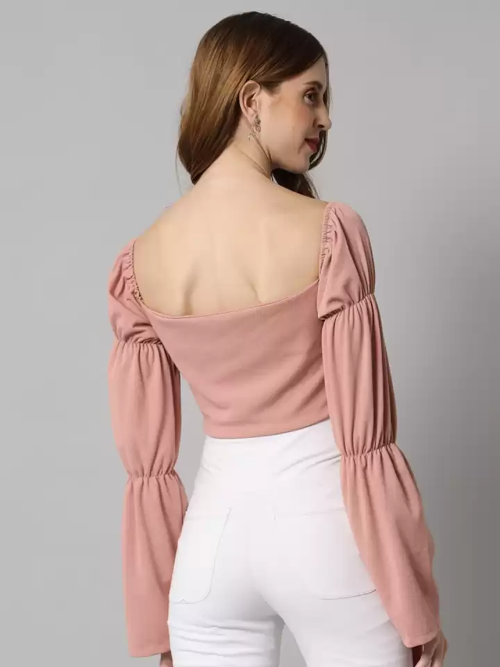 TANDUL  Casual Flared Sleeves Solid Women Pink Top