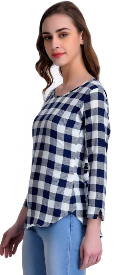 TANDUL  Casual Regular Sleeves Checkered Women Dark Blue, White Top