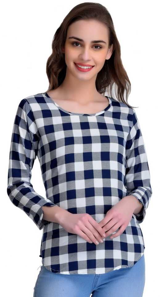 TANDUL  Casual Regular Sleeves Checkered Women Dark Blue, White Top