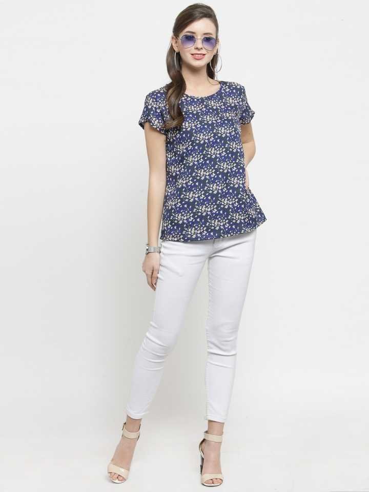 TANDUL  Casual Regular Sleeves Printed Women White, Blue Top