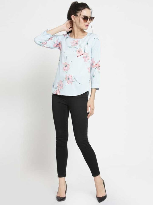 TANDUL  Casual Regular Sleeves Floral Print Women Light Blue, Pink Top