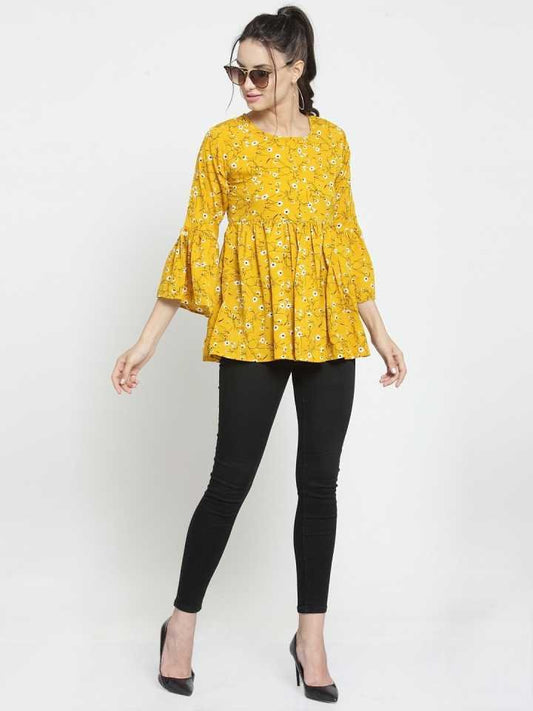 TANDUL  Casual Bell Sleeves Printed Women Yellow Top