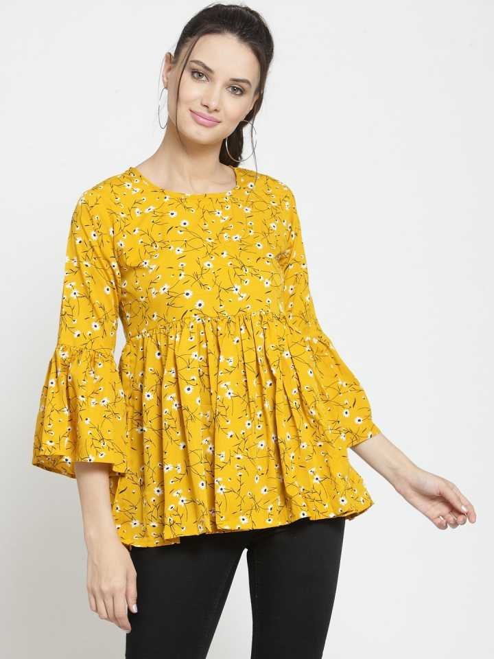TANDUL  Casual Bell Sleeves Printed Women Yellow Top