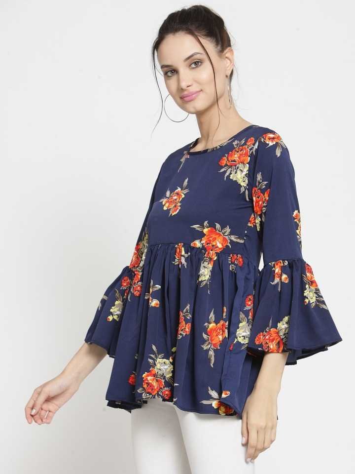 TANDUL  Casual Bell Sleeves Printed Women Dark Blue, Green, Orange Top