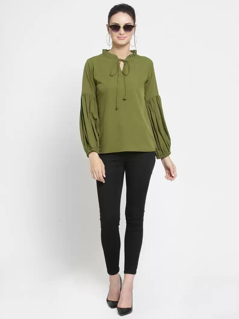 TANDUL  Casual Balloon Sleeve Solid Women Green Top